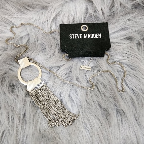 Steve Madden NWT silver tone snake chain with chain fringe pendant long necklace - Picture 8 of 9